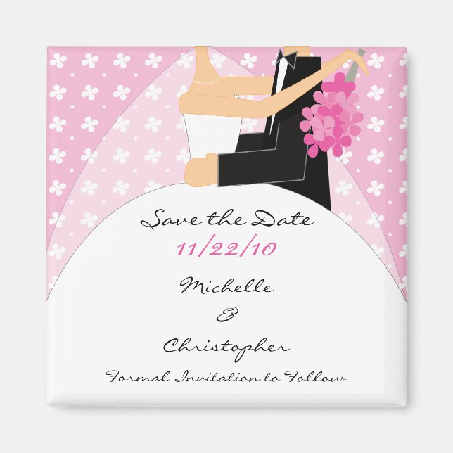 Trendig Rosa Bride & Groom Spara datum magneter (Framsidan)