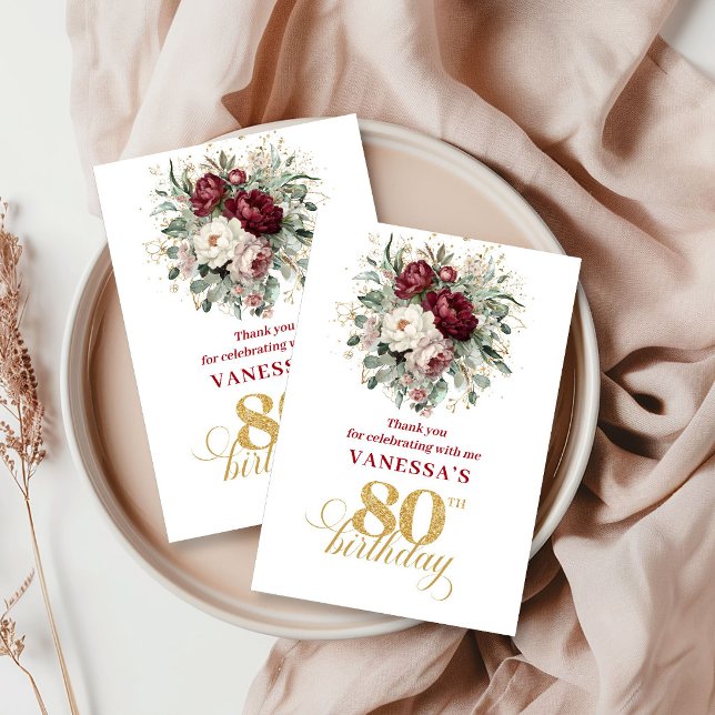 Trendig Rosa Burgunder 80-års Födelsedags Tacksamh Tack Kort (Trendy Blush Burgundy 80th Birthday Thank You Card)
