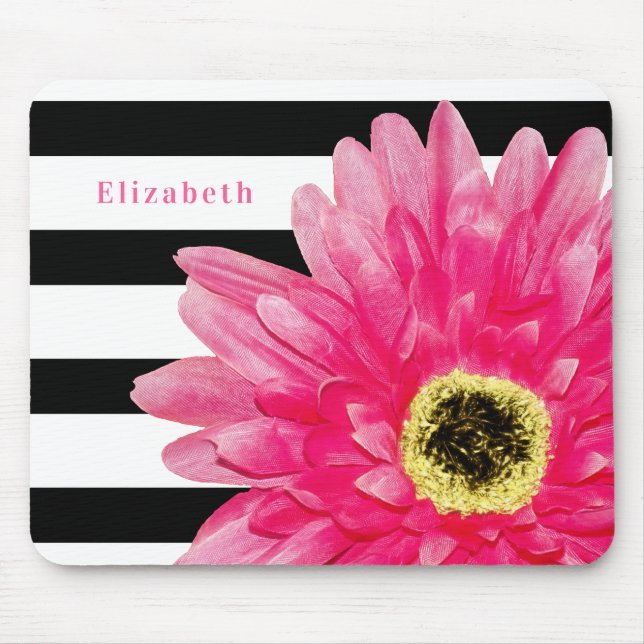 Trendig Rosa Daisy Black and White Rand och Namn Musmatta (Framsidan)