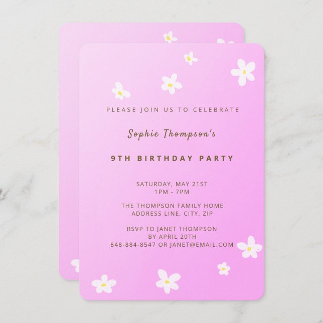 Trendig Rosa Daisy Girl Girl Födelsedagsfest inbju Inbjudningar (Fram/baksida)