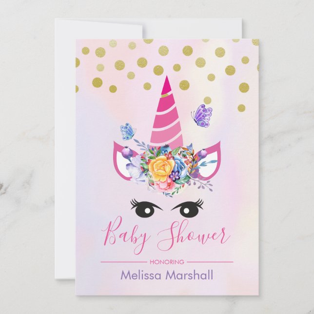 Trendig rosa enhörning med blommor Baby Shower Inbjudningar (Framsida)