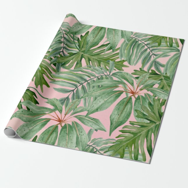 Trendig Rosa Foliage Tropical Jungle Löv Presentpapper (Utrullad)