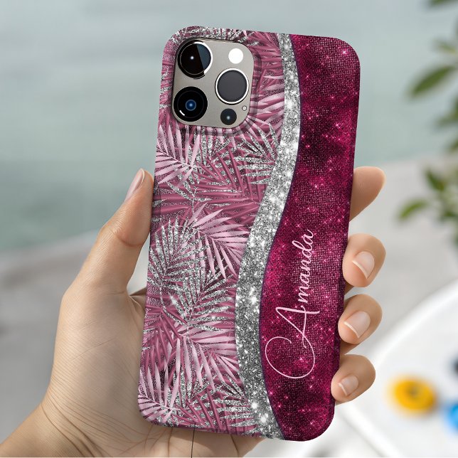 Trendig rosa fuchsia glitterblad monogram  (Skapare uppladdad)