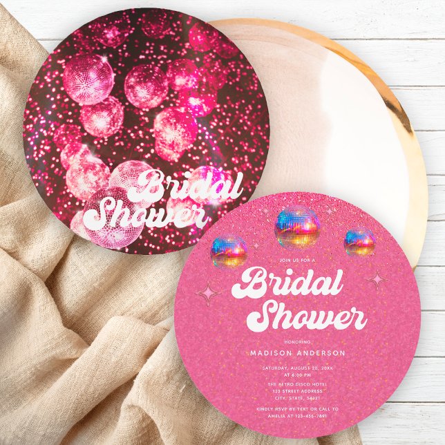 Trendig rosa glitter diskoboll bröllopsdusch inbjudningar (Skapare uppladdad)