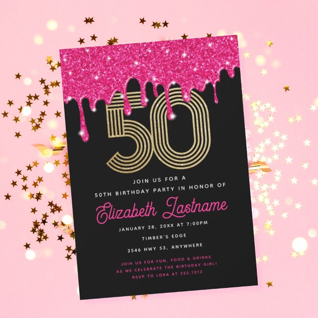 Trendig Rosa Glitter Drip 50:e födelsedagsinbjudan Inbjudningar (Skapare uppladdad)