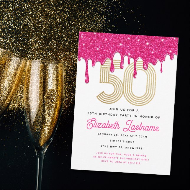 Trendig rosa glitter-dropp 50-års födelsedagsinbju inbjudningar (Skapare uppladdad)