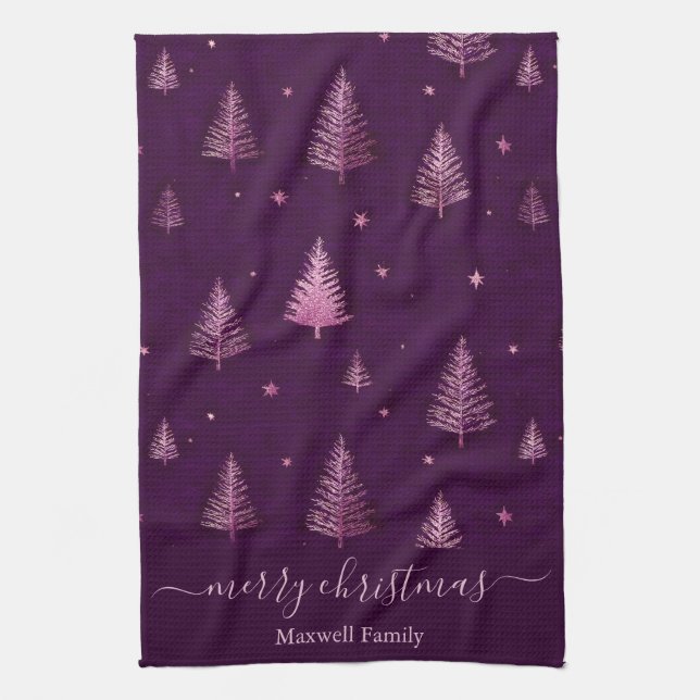 Trendig rosa glitter glädjelig jul granar namn kökshandduk (Vertikal)
