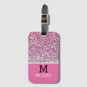 Trendig Rosa Glitter Namn Monogram - första början Bagagebricka