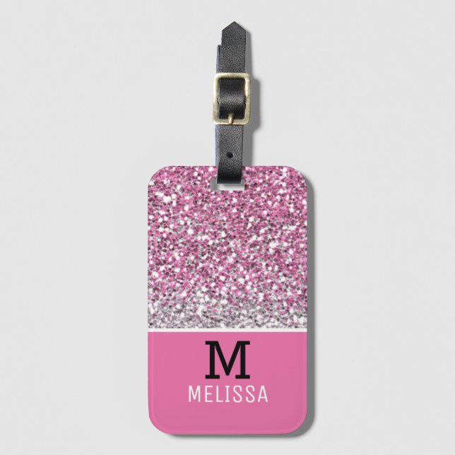 Trendig Rosa Glitter Namn Monogram - första början Bagagebricka (Framsida vertikal)