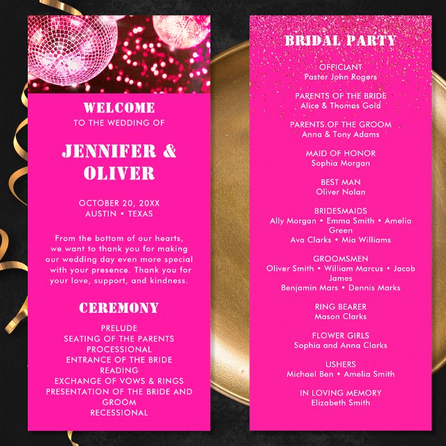 Trendig Rosa Glitter Retro Disco Bollar Bröllop Program (Front and Back)