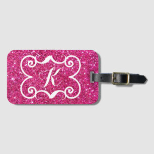 Trendig rosa glitter vit monogram anpassad bagagebricka