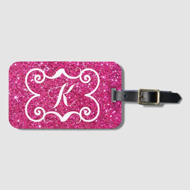 Trendig rosa glitter vit monogram anpassad bagagebricka (Framsida horisontal)
