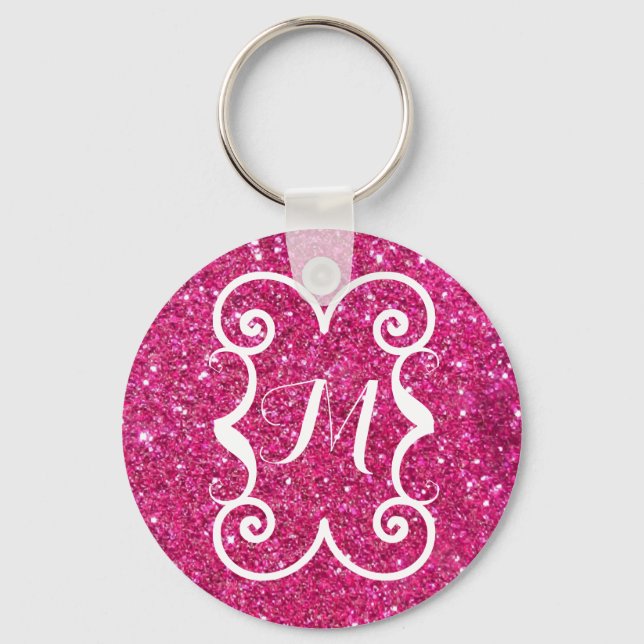 Trendig Rosa Glitter White Monogram Anpassningsbar Nyckelring (Framsida)