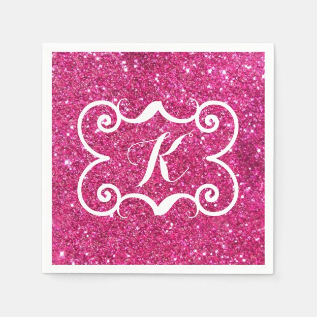 Trendig Rosa Glitter White Monogram Anpassningsbar Pappersservett (Framsidan)