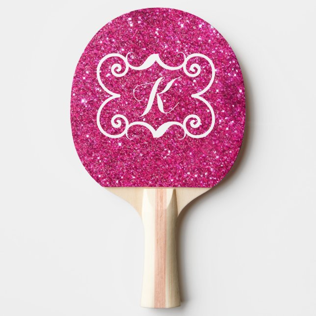 Trendig Rosa Glitter White Monogram Anpassningsbar Pingisracket (Framsidan)