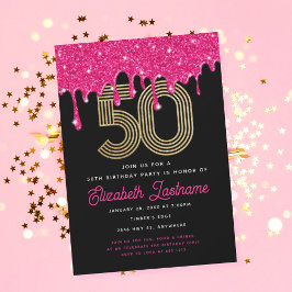 Trendig rosa glitterdropp 50-års födelsedagsinbjud inbjudningar