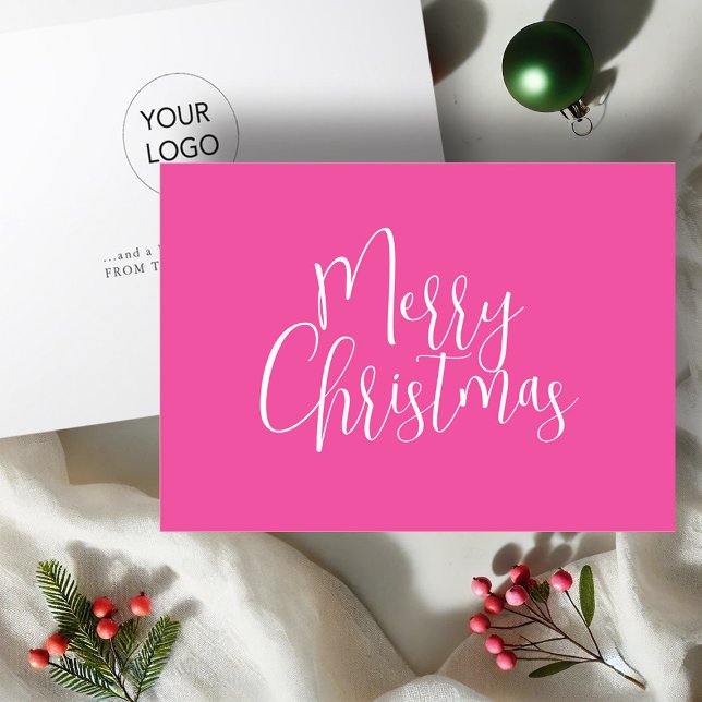 Trendig Rosa God jul Helgkort (Vibrant pink business Christmas cards with logo by Victoria Grigaliunas of Do Tell A Belle.)