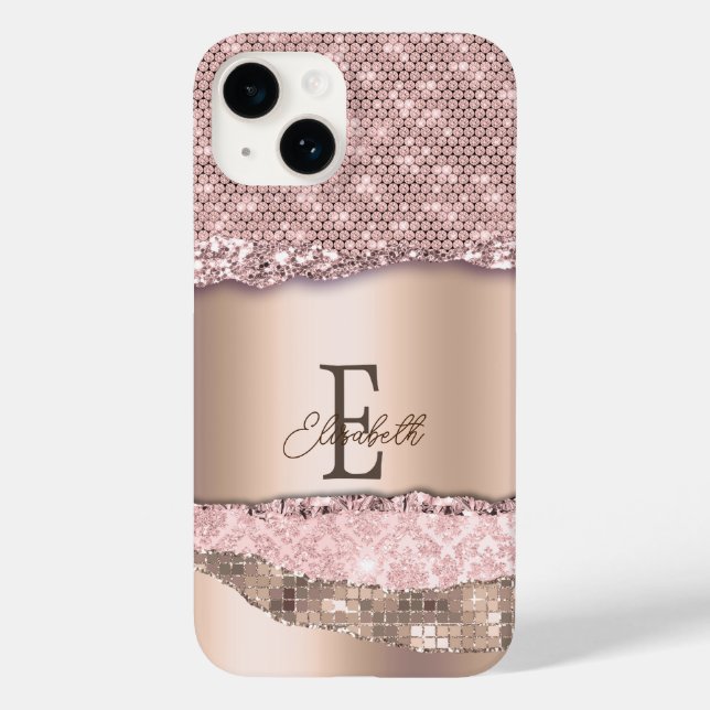 Trendig Rosa Guld Diamanter Glitter Monogram (Baksida)
