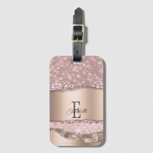 Trendig Rosa Guld Diamanter Glitter Monogram Bagagebricka