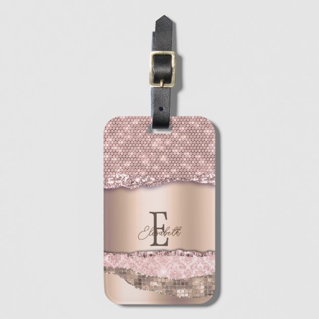 Trendig Rosa Guld Diamanter Glitter Monogram Bagagebricka (Framsida vertikal)