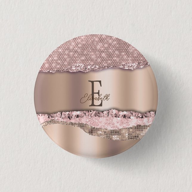 Trendig Rosa Guld Diamanter Glitter Monogram Knapp (Framsida)