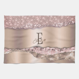 Trendig Rosa Guld Diamanter Glitter Monogram Kökshandduk