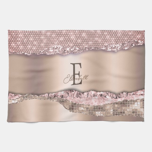 Trendig Rosa Guld Diamanter Glitter Monogram Kökshandduk (Horisontell)