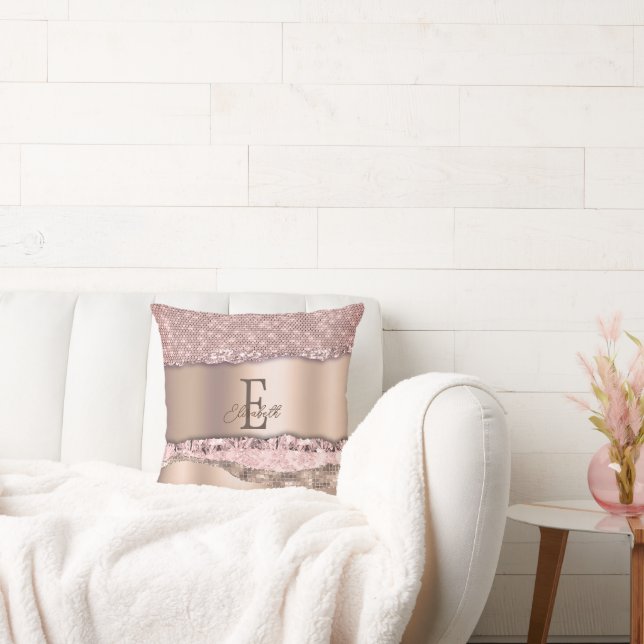 Trendig Rosa Guld Diamanter Glitter Monogram Kudde (Soffa)