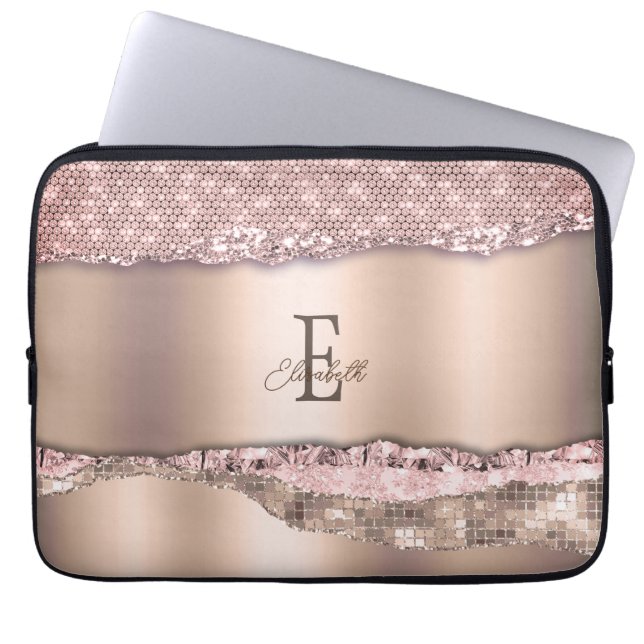 Trendig Rosa Guld Diamanter Glitter Monogram Laptop Fodral (Framsidan)