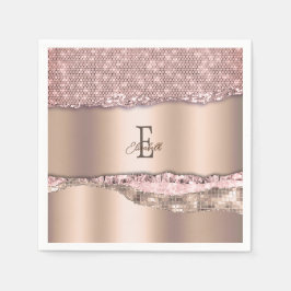 Trendig Rosa Guld Diamanter Glitter Monogram Pappersservett