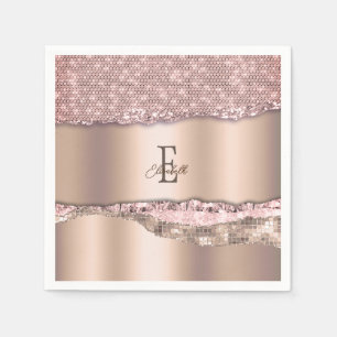Trendig Rosa Guld Diamanter Glitter Monogram Pappersservett