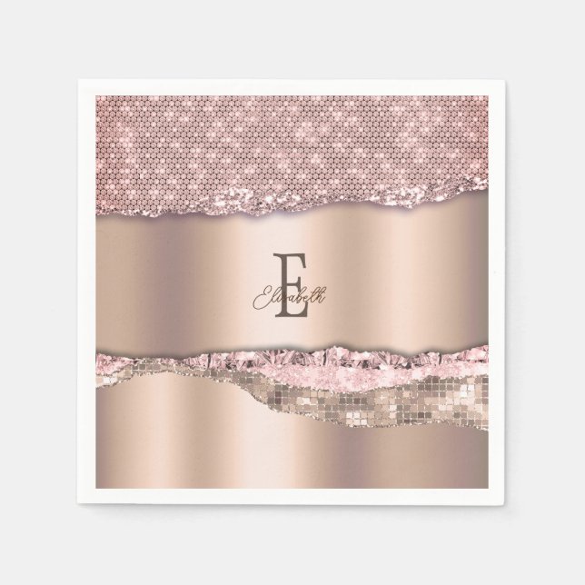 Trendig Rosa Guld Diamanter Glitter Monogram Pappersservett (Framsidan)