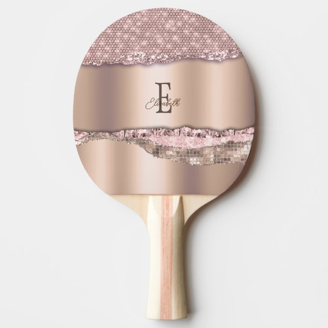 Trendig Rosa Guld Diamanter Glitter Monogram Pingisracket (Framsidan)