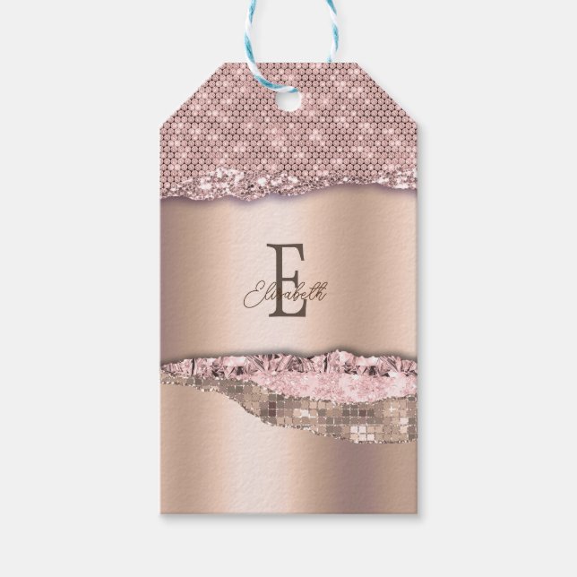 Trendig Rosa Guld Diamanter Glitter Monogram Presentetikett (Framsidan)