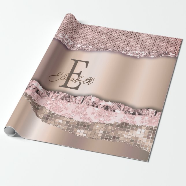 Trendig Rosa Guld Diamanter Glitter Monogram Presentpapper (Utrullad)