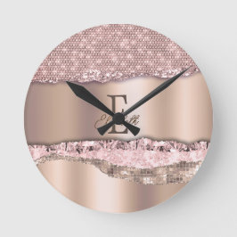 Trendig Rosa Guld Diamanter Glitter Monogram Rund Klocka
