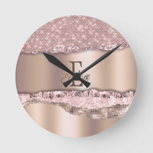 Trendig Rosa Guld Diamanter Glitter Monogram Rund Klocka