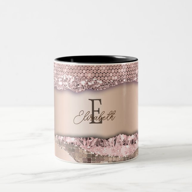 Trendig Rosa Guld Diamanter Glitter Monogram Två-Tonad Mugg (Center)