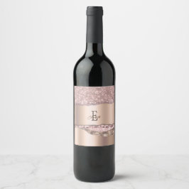 Trendig Rosa Guld Diamanter Glitter Monogram Vinflaska Etikett