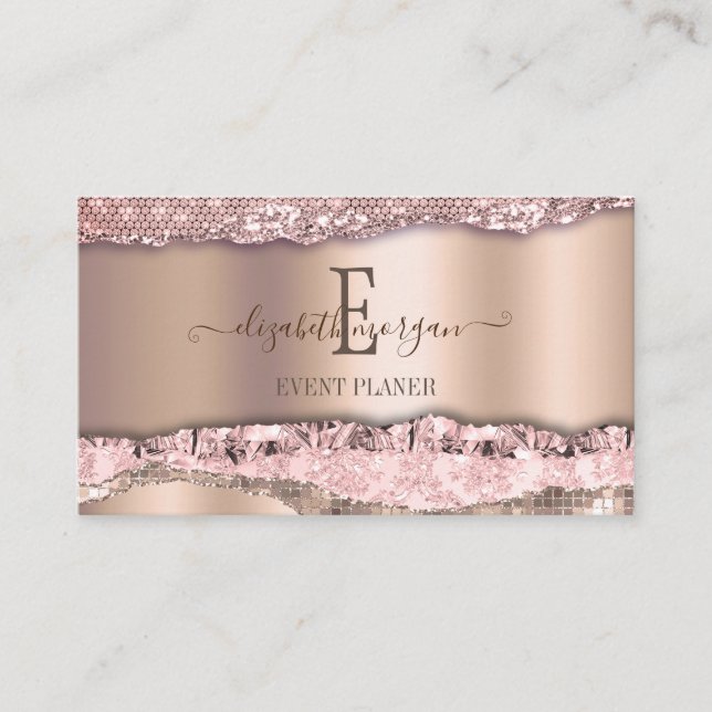 Trendig Rosa Guld Diamanter Glitter Monogram Visitkort (Framsida)