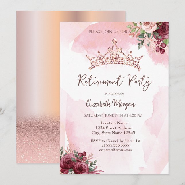 Trendig Rosa Guld Glitter Rosor Krona Pensionering Inbjudningar (Fram/baksida)