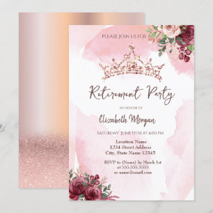 Trendig Rosa Guld Glitter Rosor Krona Pensionering Inbjudningar
