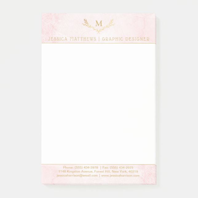 Trendig  Rosa & guldfetter Monogram utandning Post-it Block (Framsida)