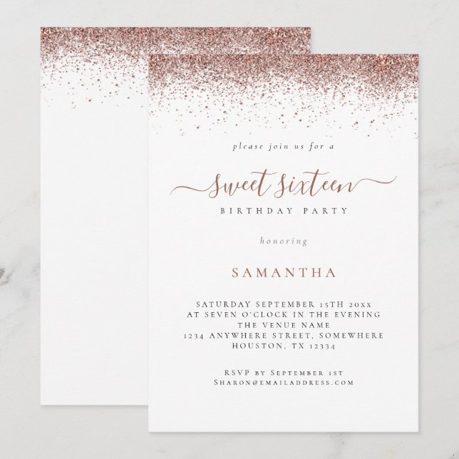 Trendig rosa guldglitter Skrift Sweet 16 Inbjudningar (Fram/baksida)