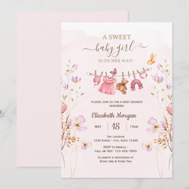 Trendig Rosa Klädtorrn Vilda Blommor Baby Shower Inbjudningar (Fram/baksida)
