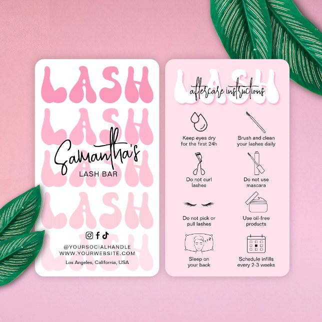 Trendig Rosa Lash Aftercare Instructions Retro Fon Visitkort (Skapare uppladdad)