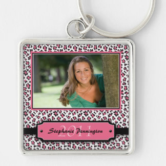 Trendig rosa leopard studenten fotokedja fyrkantig silverfärgad nyckelring