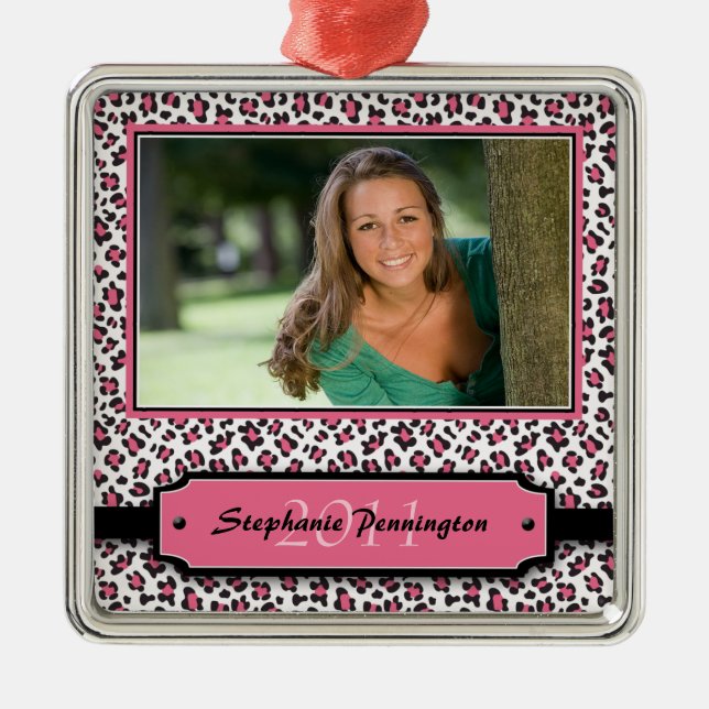 Trendig rosa leopard studenten fotoornament julgransprydnad metall (Framsidan)