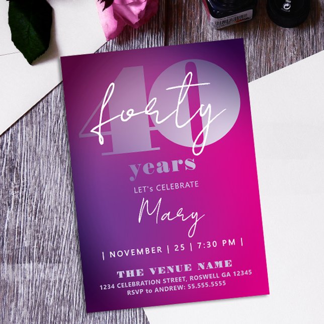 Trendig Rosa Lila 40-årsdag Ombre Fet Typografi Inbjudningar (Skapare uppladdad)