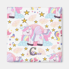 Trendig Rosa Lila Guld Unicorn Namn Monogram Magnet